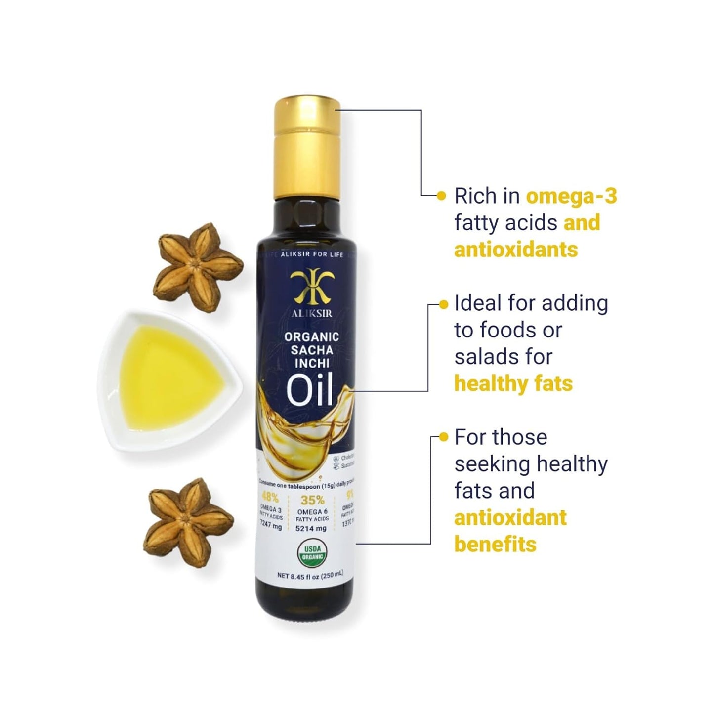 ALIKSIR Organic Sacha Inchi Oil - Extra Virgin, High Omega Fatty Acids, Cold Pressed with Vitamin E for Hair, Nails, and Skin