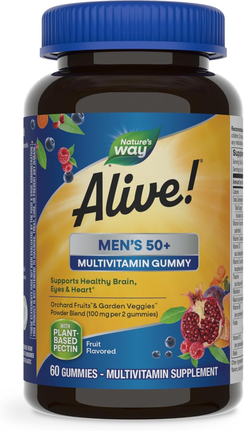 Alive! Men’s 50+ Gummy Multivitamins - Supports Brain, Eyes, Heart - B-Vitamins - Gluten-Free - Vegetarian - Fruit Flavored - 60 Gummies