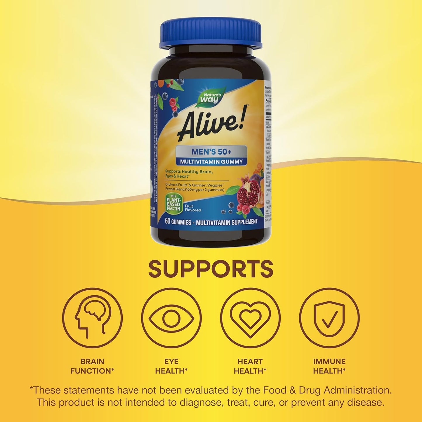 Alive! Men’s 50+ Gummy Multivitamins - Supports Brain, Eyes, Heart - B-Vitamins - Gluten-Free - Vegetarian - Fruit Flavored - 60 Gummies