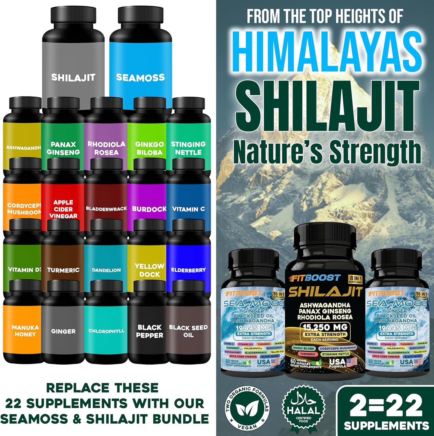 All-in-1 Men's Vitality Bundle: Sea Moss, Shilajit, Black Seed Oil, Ashwagandha, Burdock Root - 60 Day Supply for Strength