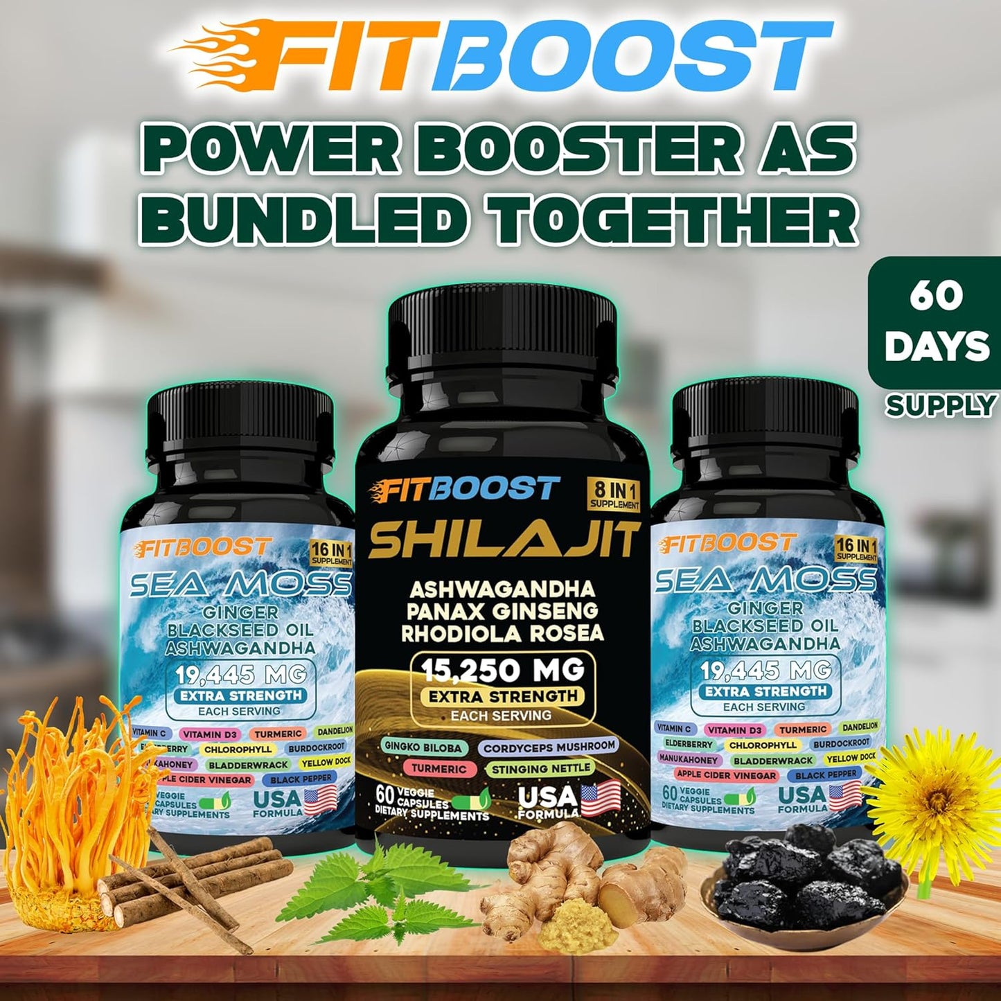 All-in-1 Men's Vitality Bundle: Sea Moss, Shilajit, Black Seed Oil, Ashwagandha, Burdock Root - 60 Day Supply for Strength
