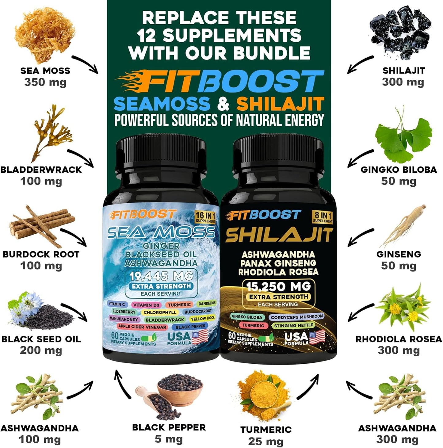 All-in-1 Men's Vitality Bundle: Sea Moss, Shilajit, Black Seed Oil, Ashwagandha, Burdock Root - 60 Day Supply for Strength