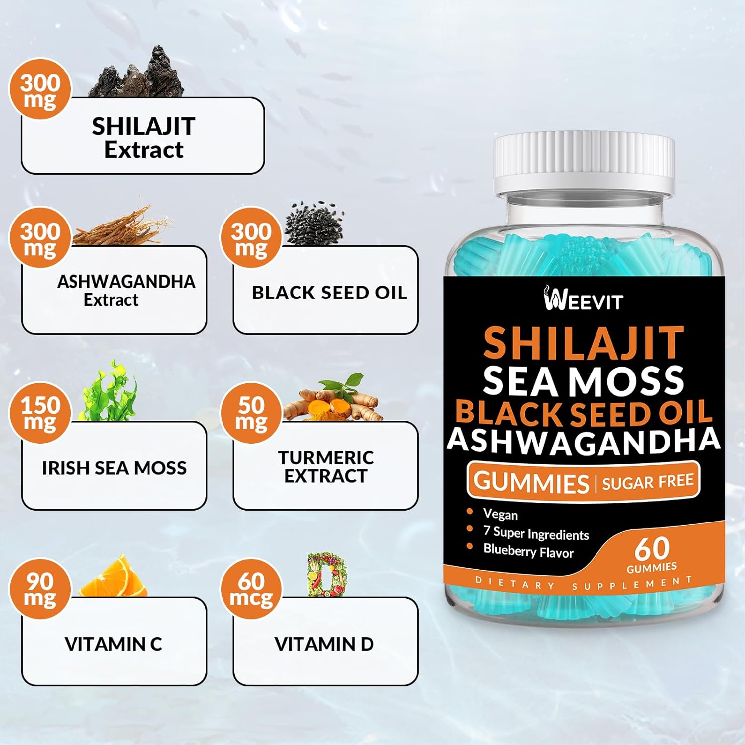 All-in-1 Shilajit Sea Moss Ashwagandha Gummies with Black Seed Oil - Immune and Energy Support for Men & Women