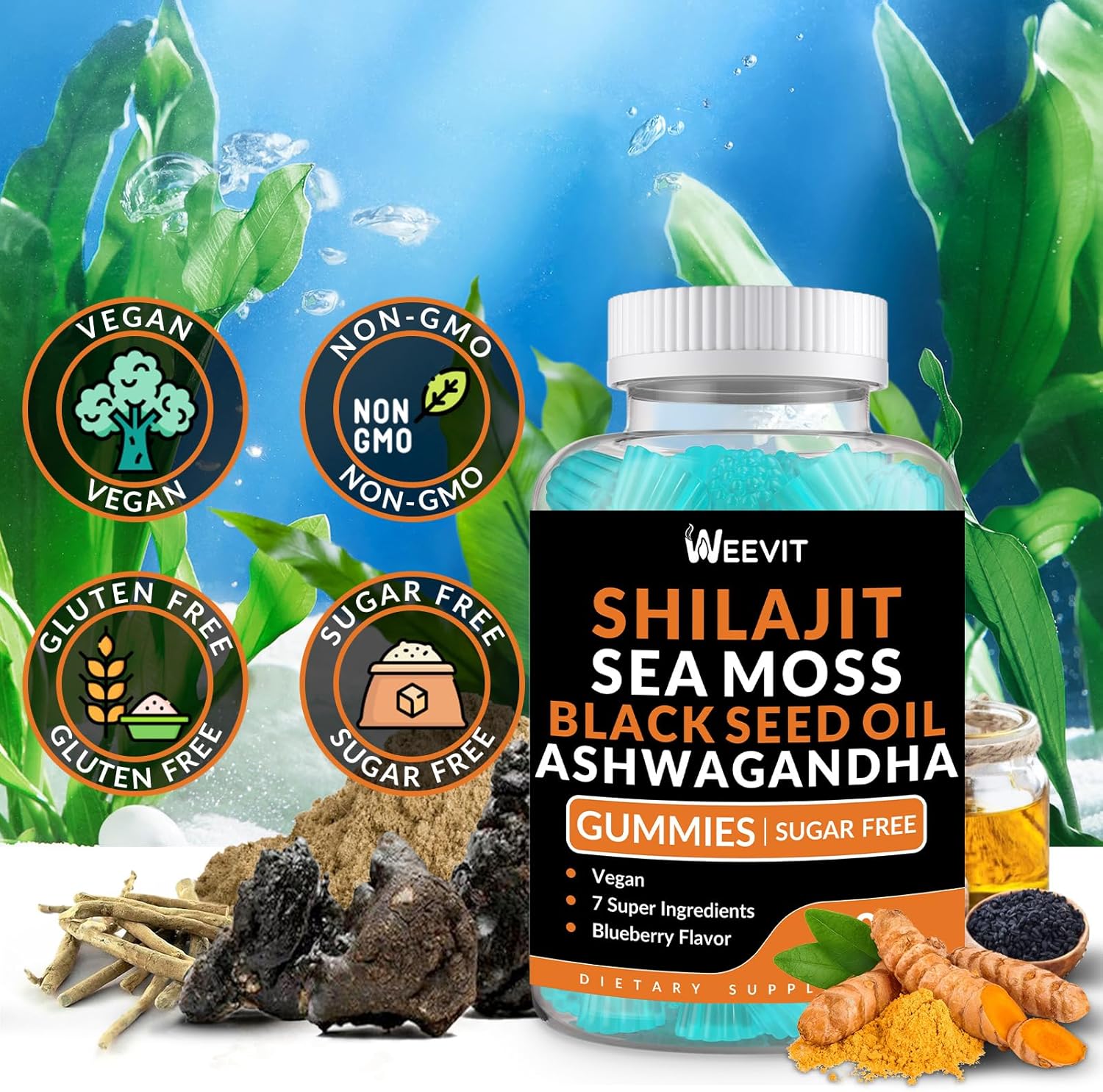 All-in-1 Shilajit Sea Moss Ashwagandha Gummies with Black Seed Oil - Immune and Energy Support for Men & Women