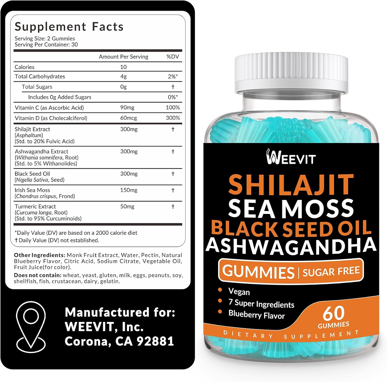 All-in-1 Shilajit Sea Moss Ashwagandha Gummies with Black Seed Oil - Immune and Energy Support for Men & Women