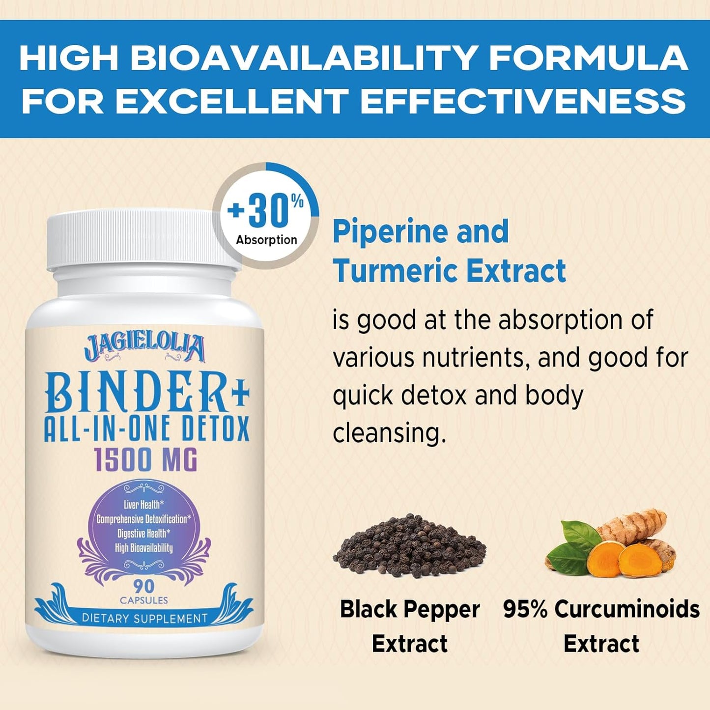 All-in-One Detox Binder Supplement 1500 MG - High Bioavailability for Liver Gut Detox Cleanse - Activated Charcoal, Zeolite & Bentonite Clay - 90 Vegan Capsules