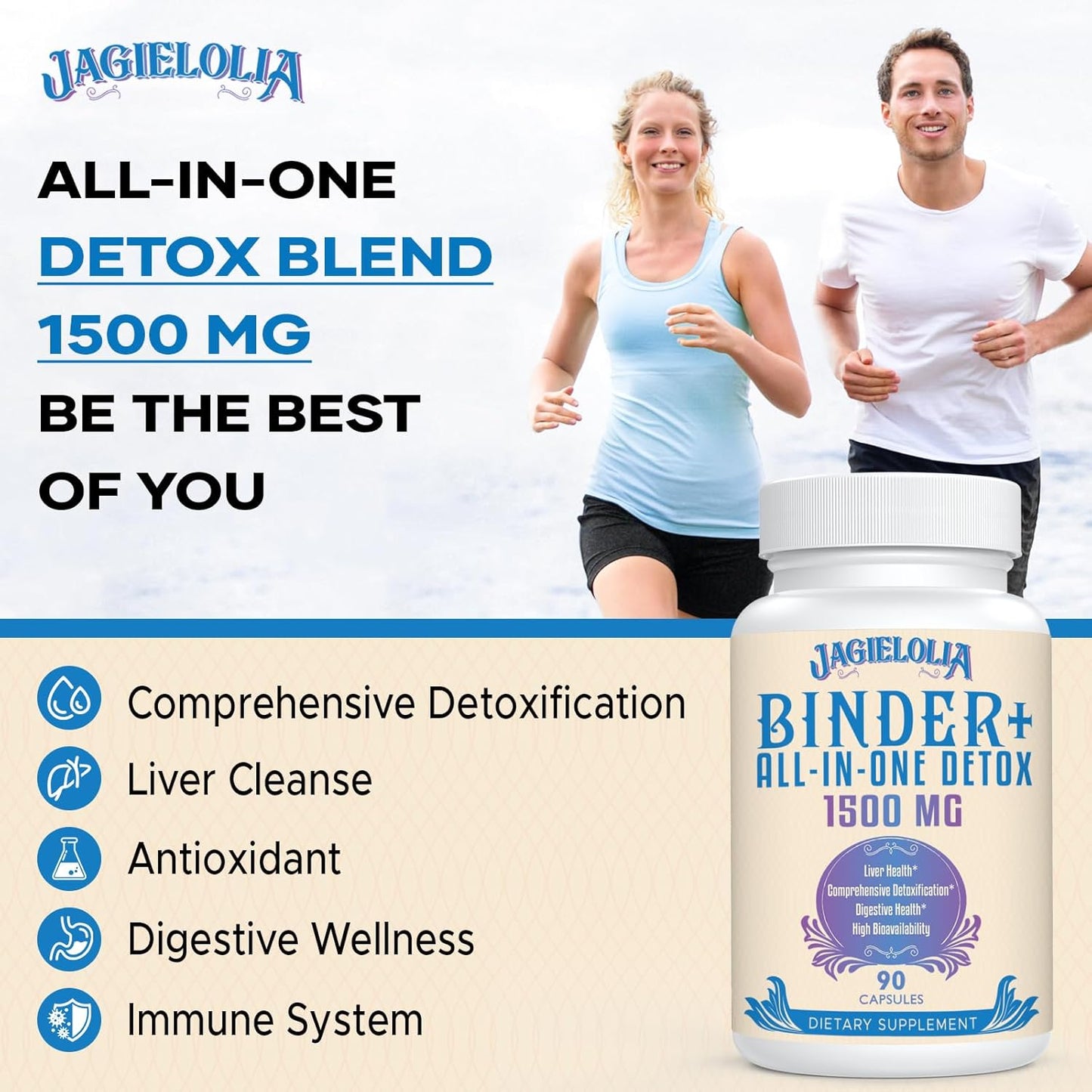 All-in-One Detox Binder Supplement 1500 MG - High Bioavailability for Liver Gut Detox Cleanse - Activated Charcoal, Zeolite & Bentonite Clay - 90 Vegan Capsules