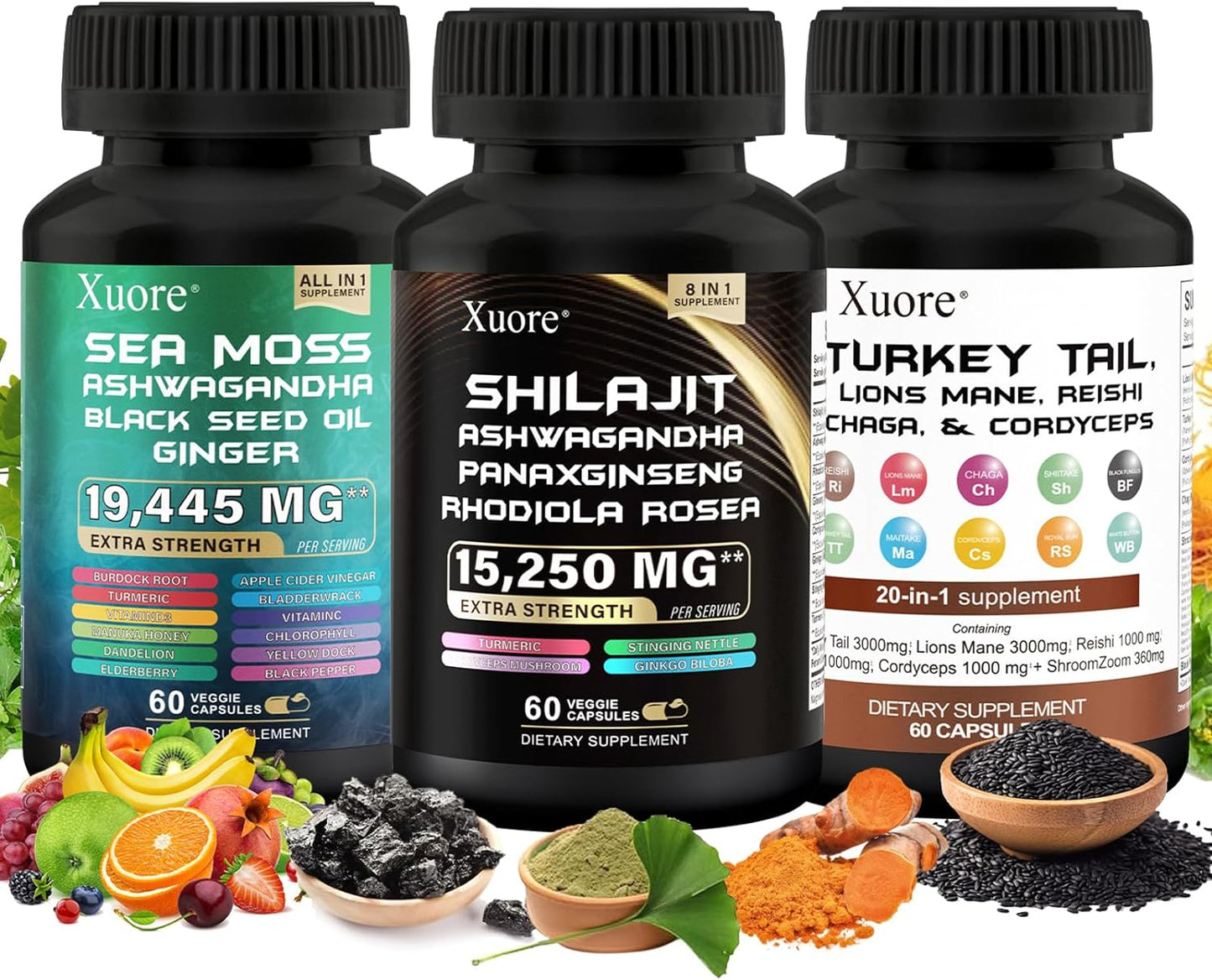 All-in-One Mushroom & Herb Supplement with Shilajit, Sea Moss, Black Seed Oil, Lions Mane, Turkey Tail, Reishi, Cordyceps, Chaga, Ashwagandha, Ginger, Rhodiola Rosea & Panax Ginseng