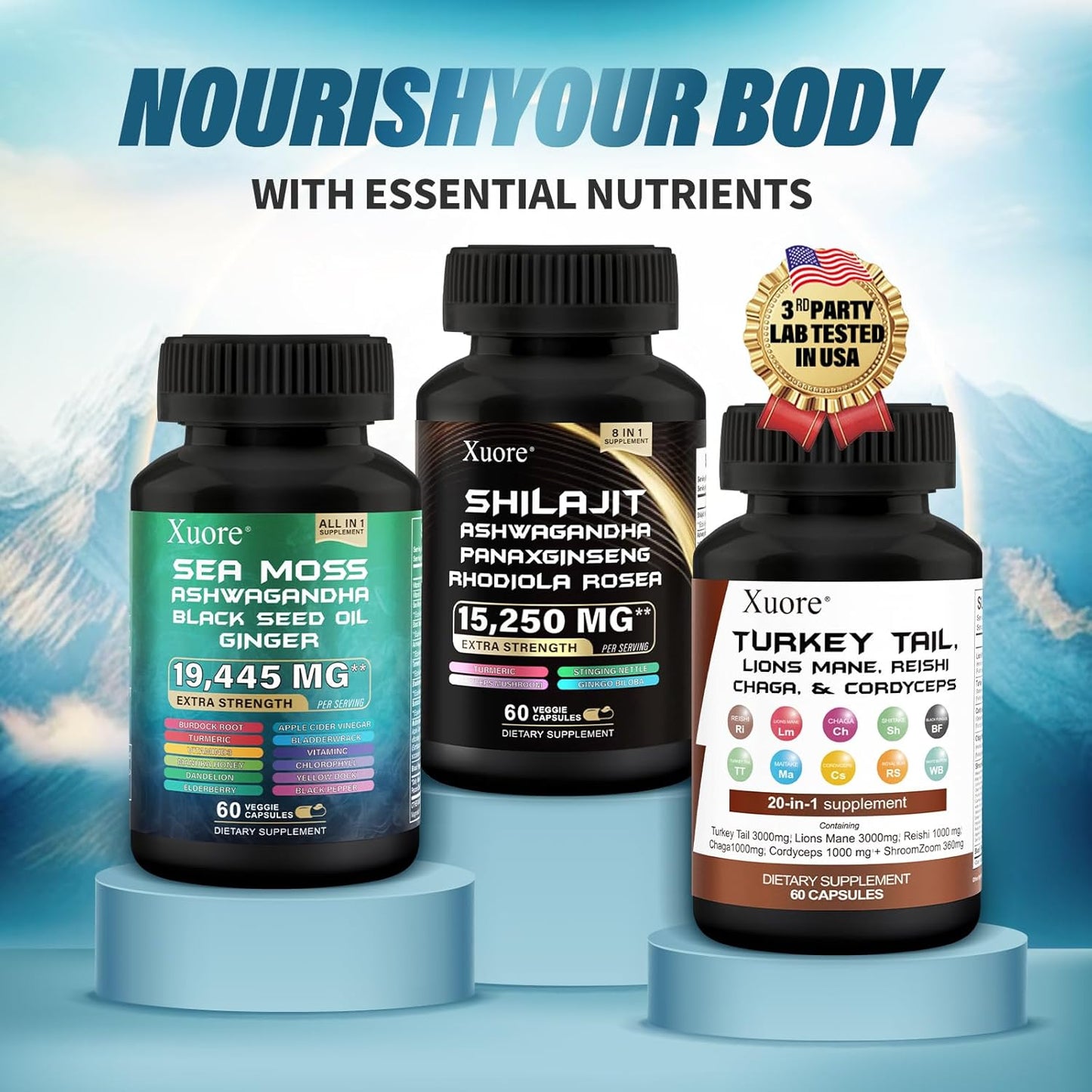 All-in-One Mushroom & Herb Supplement with Shilajit, Sea Moss, Black Seed Oil, Lions Mane, Turkey Tail, Reishi, Cordyceps, Chaga, Ashwagandha, Ginger, Rhodiola Rosea & Panax Ginseng
