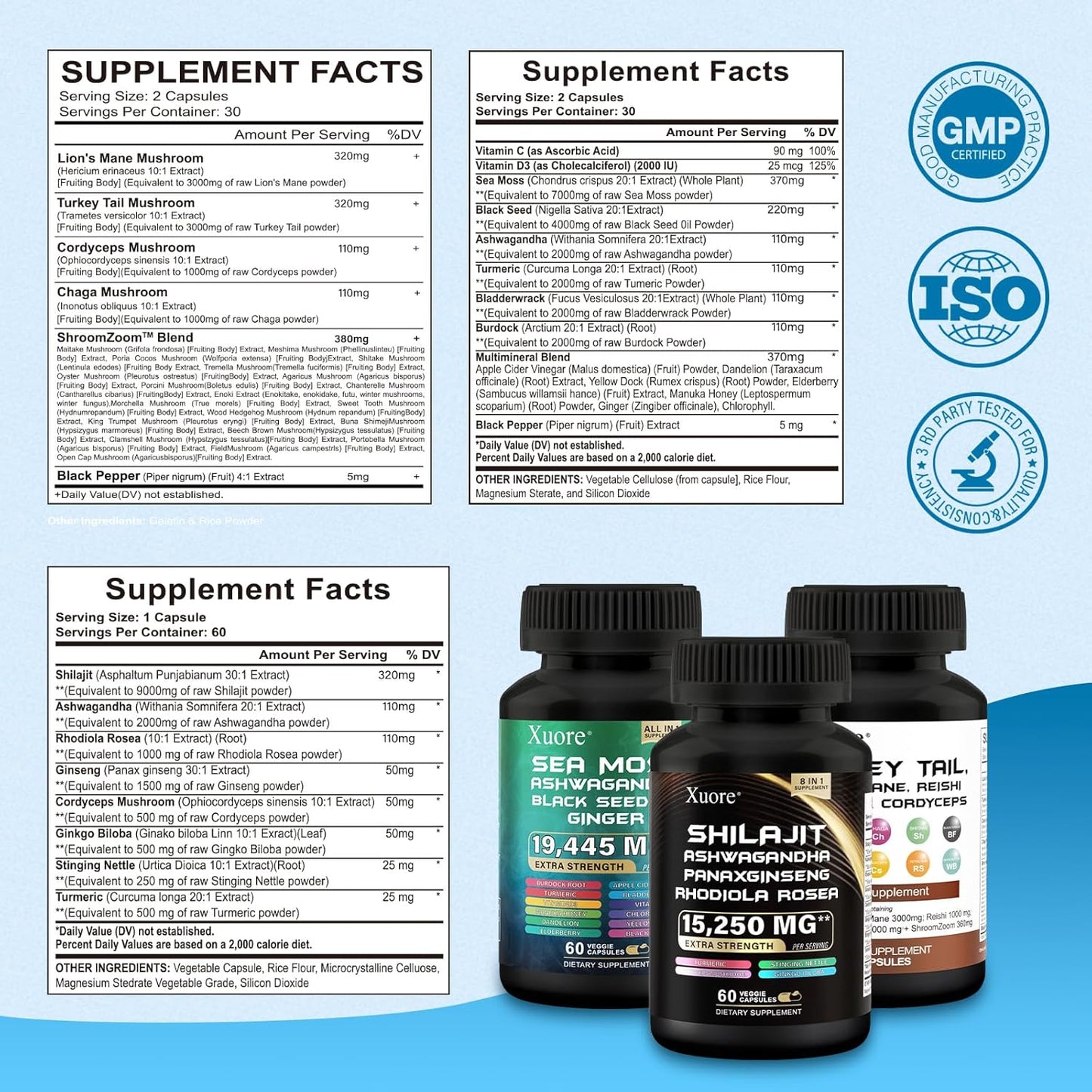 All-in-One Mushroom & Herb Supplement with Shilajit, Sea Moss, Black Seed Oil, Lions Mane, Turkey Tail, Reishi, Cordyceps, Chaga, Ashwagandha, Ginger, Rhodiola Rosea & Panax Ginseng