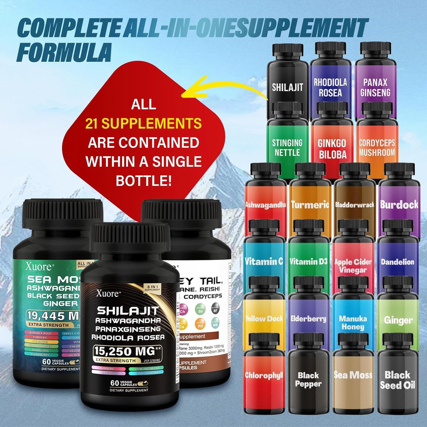 All-in-One Mushroom & Herb Supplement with Shilajit, Sea Moss, Black Seed Oil, Lions Mane, Turkey Tail, Reishi, Cordyceps, Chaga, Ashwagandha, Ginger, Rhodiola Rosea & Panax Ginseng