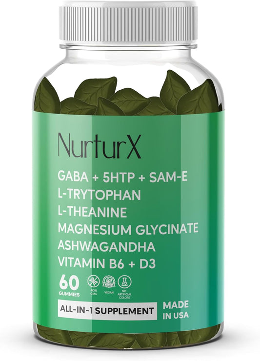 All-in-One Natural Supplement Gummies with GABA, 5-HTP, SAM-e, L-Tryptophan, L-Theanine, Ashwagandha - Vegan, Made in USA (60 Gummies)
