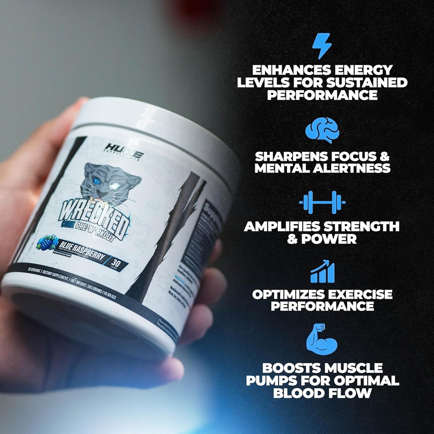 All-in-One Pre-Workout Supplement for Energy, Focus & Pumps - 30 Servings Blue Raspberry Flavor, L-Citrulline, Beta-Alanine, L-Tyrosine & More - Men & Women's Wrecked Core Formula