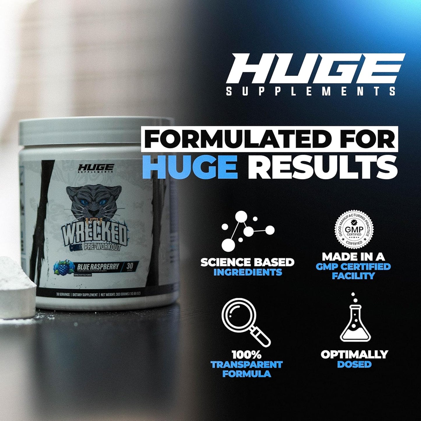 All-in-One Pre-Workout Supplement for Energy, Focus & Pumps - 30 Servings Blue Raspberry Flavor, L-Citrulline, Beta-Alanine, L-Tyrosine & More - Men & Women's Wrecked Core Formula