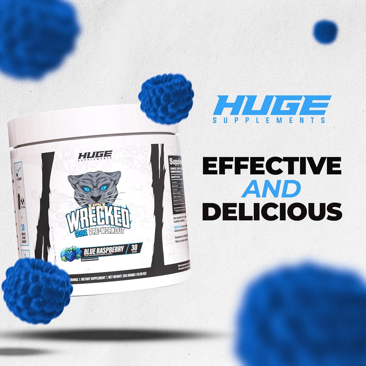 All-in-One Pre-Workout Supplement for Energy, Focus & Pumps - 30 Servings Blue Raspberry Flavor, L-Citrulline, Beta-Alanine, L-Tyrosine & More - Men & Women's Wrecked Core Formula