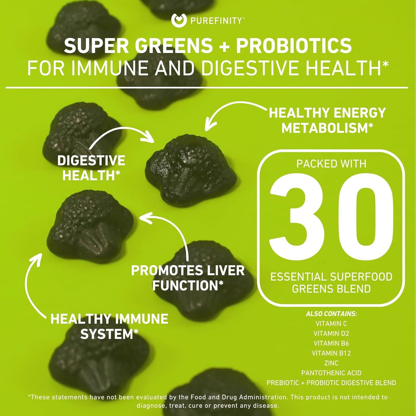 All-in-One Veggie Supplement Gummies with Spirulina, Spinach, Broccoli, Beet Root, Acai - Non-GMO, Gluten Free, Vegan - 60 Count