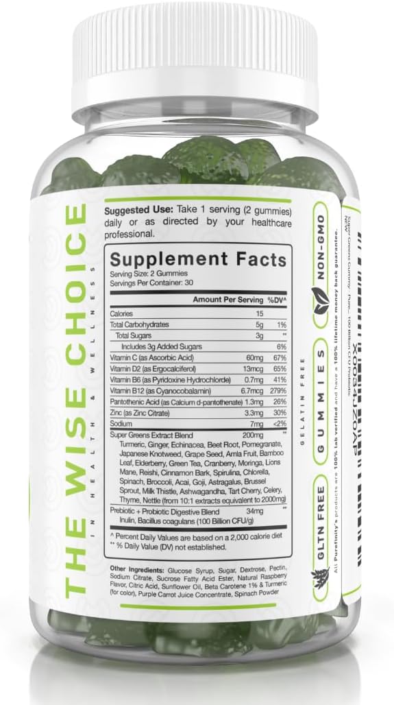 All-in-One Veggie Supplement Gummies with Spirulina, Spinach, Broccoli, Beet Root, Acai - Non-GMO, Gluten Free, Vegan - 60 Count