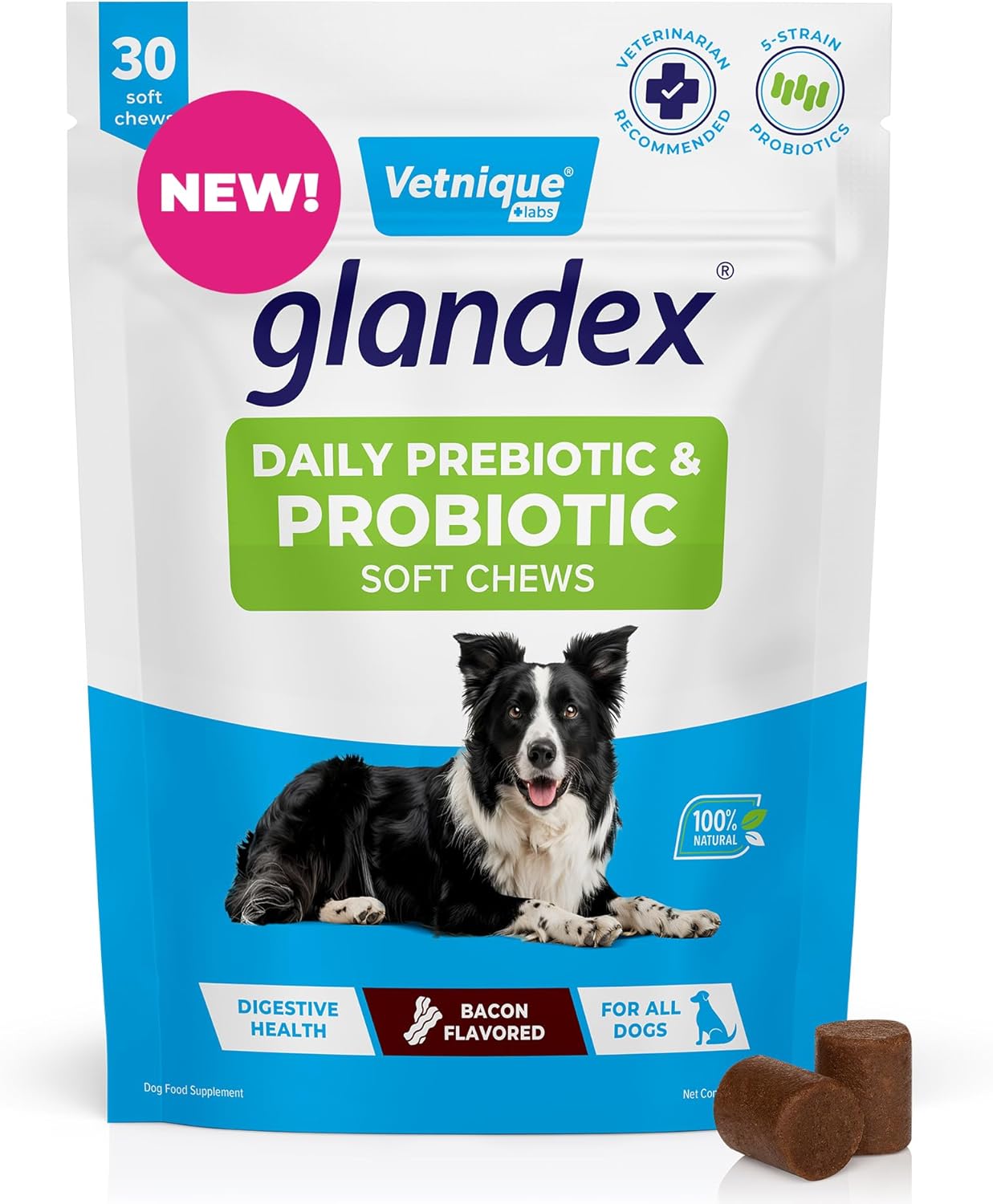 All-Natural Bacon Flavored Dog Probiotic Chews with Enzymes and Prebiotics for Gut Health & Immune Support - 30 Soft Chews