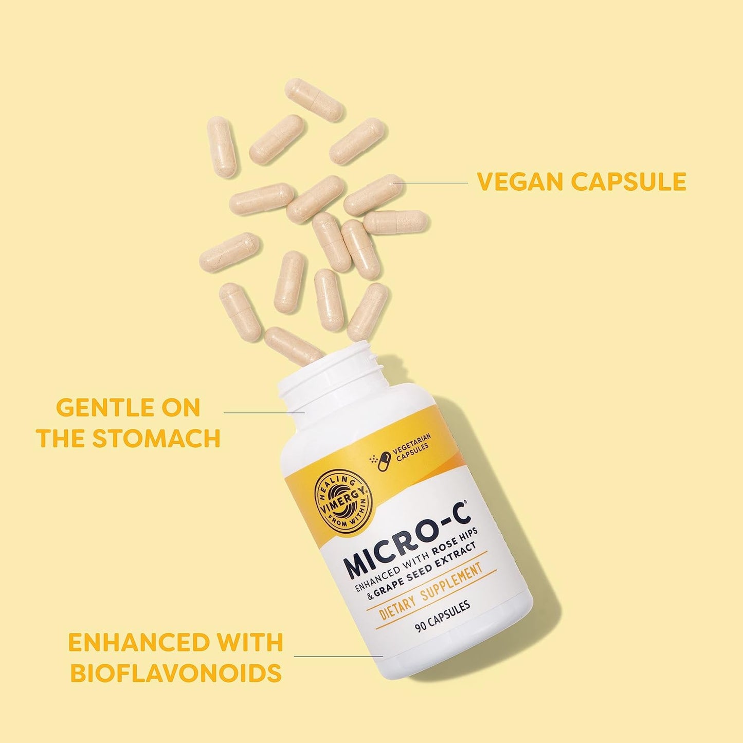 All-Natural Buffered Vitamin C Capsules with Rose HIPS, Rutin, Grape Seed & Acerola Fruit Extract - 90 Servings, 500mg - Supports Immune System & Skin Health