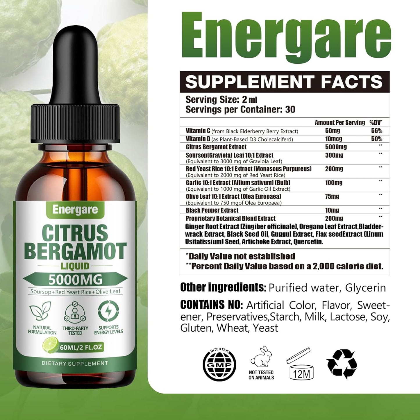 All-Natural Citrus Bergamot Liquid Drops Supplement - 5000MG - Heart Health, Immune Support, Antioxidant - Soursop, Red Yeast Rice, Olive Leaf - 2 Fl Oz