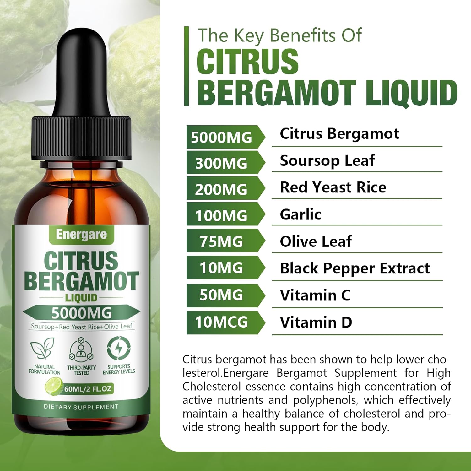 All-Natural Citrus Bergamot Liquid Drops Supplement - 5000MG - Heart Health, Immune Support, Antioxidant - Soursop, Red Yeast Rice, Olive Leaf - 2 Fl Oz