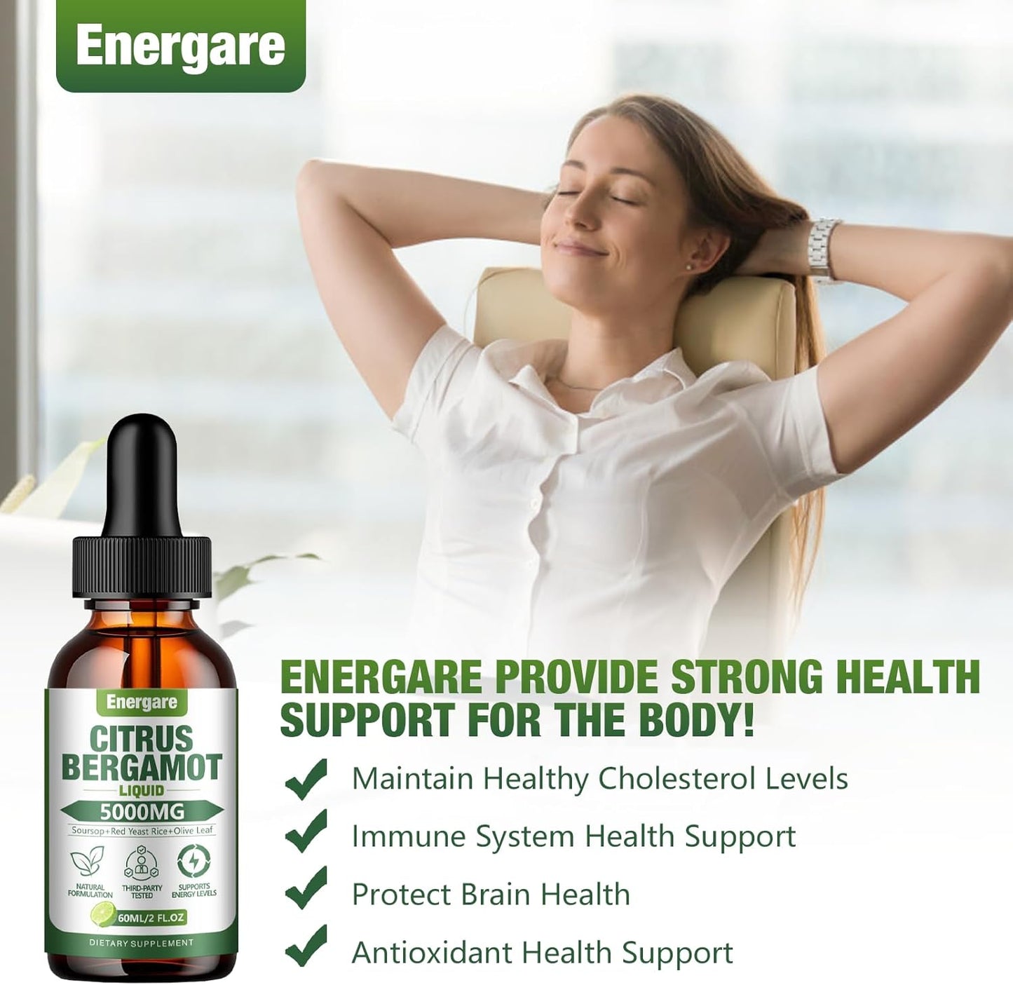 All-Natural Citrus Bergamot Liquid Drops Supplement - 5000MG - Heart Health, Immune Support, Antioxidant - Soursop, Red Yeast Rice, Olive Leaf - 2 Fl Oz