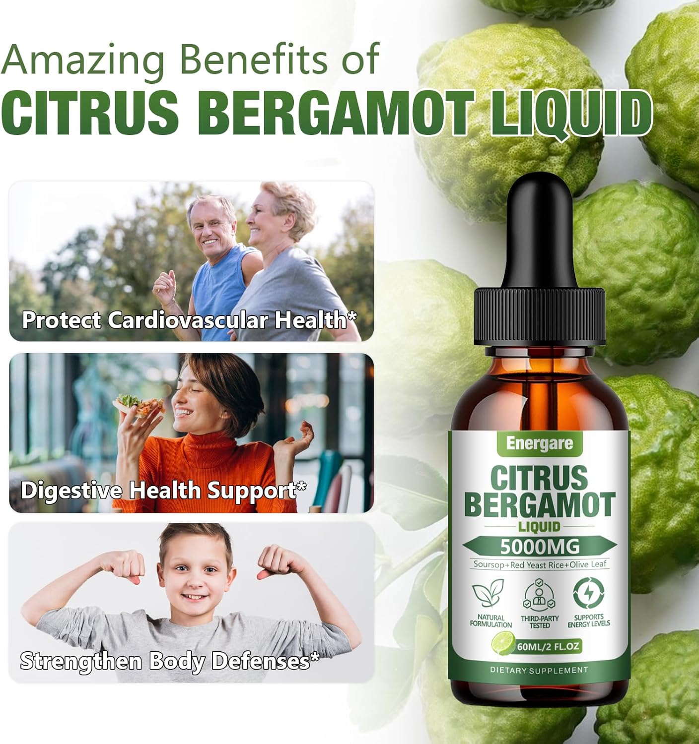 All-Natural Citrus Bergamot Liquid Drops Supplement - 5000MG - Heart Health, Immune Support, Antioxidant - Soursop, Red Yeast Rice, Olive Leaf - 2 Fl Oz