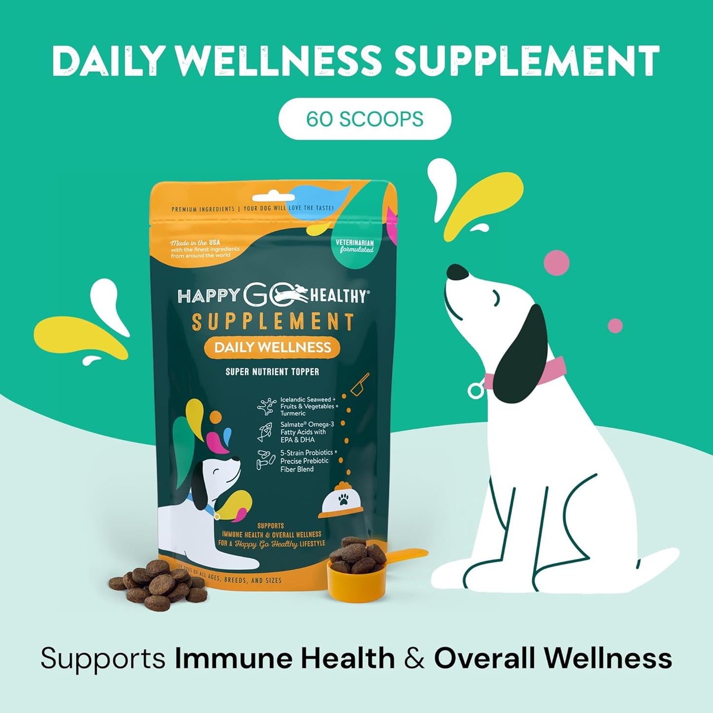 All-Natural Dog Wellness Supplements for Daily Health with Probiotics, Prebiotics, Fish Oil, and Seaweed | Promote Happy & Healthy Canines | 60 Count
