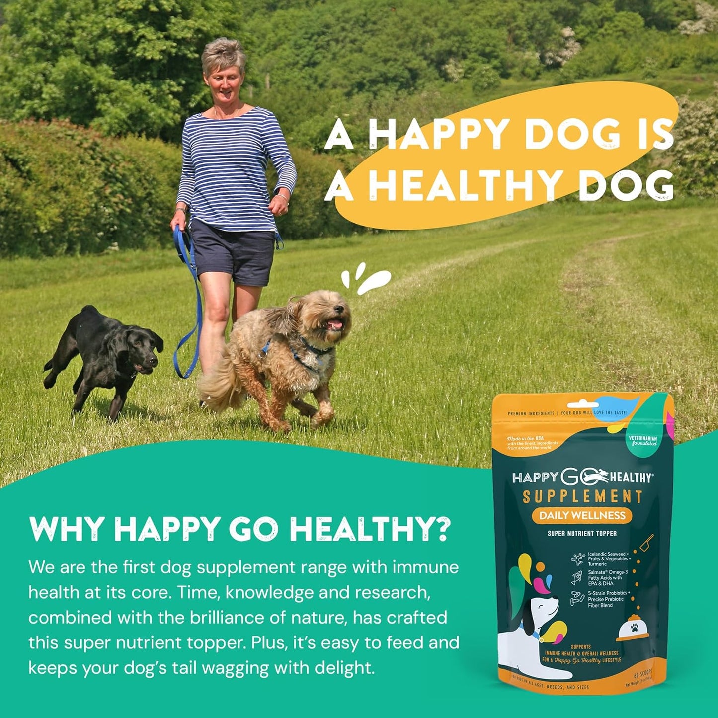 All-Natural Dog Wellness Supplements for Daily Health with Probiotics, Prebiotics, Fish Oil, and Seaweed | Promote Happy & Healthy Canines | 60 Count