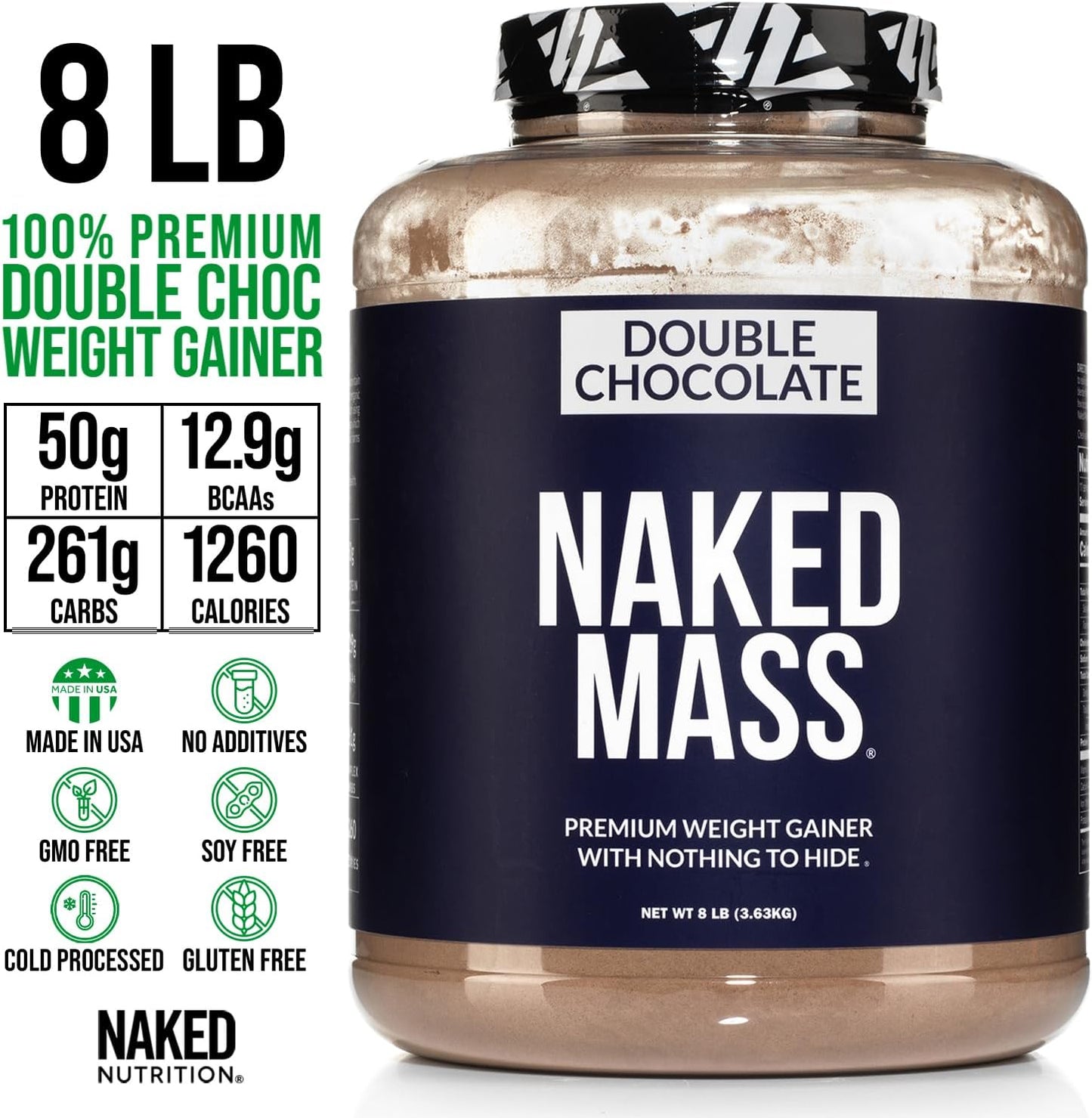 All Natural Double Chocolate Weight Gainer Protein Powder - 8lb Bulk, 1,260 Calories, 50g Protein, Non-GMO & Gluten Free