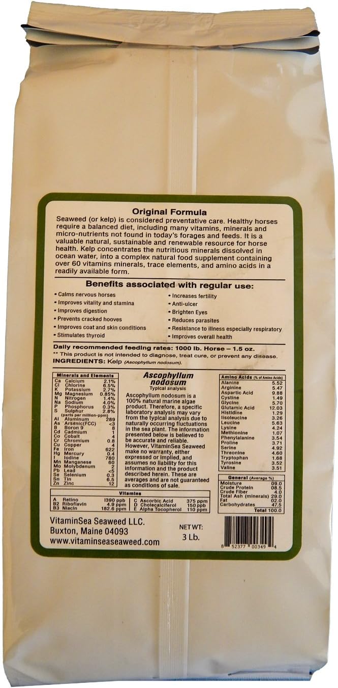 All Natural Dried Seaweed Supplement for Horses | Horse Kelp Flakes with Vitamins, Trace Minerals, Amino Acids | 3 LB Pack for Overall Health and Well-being