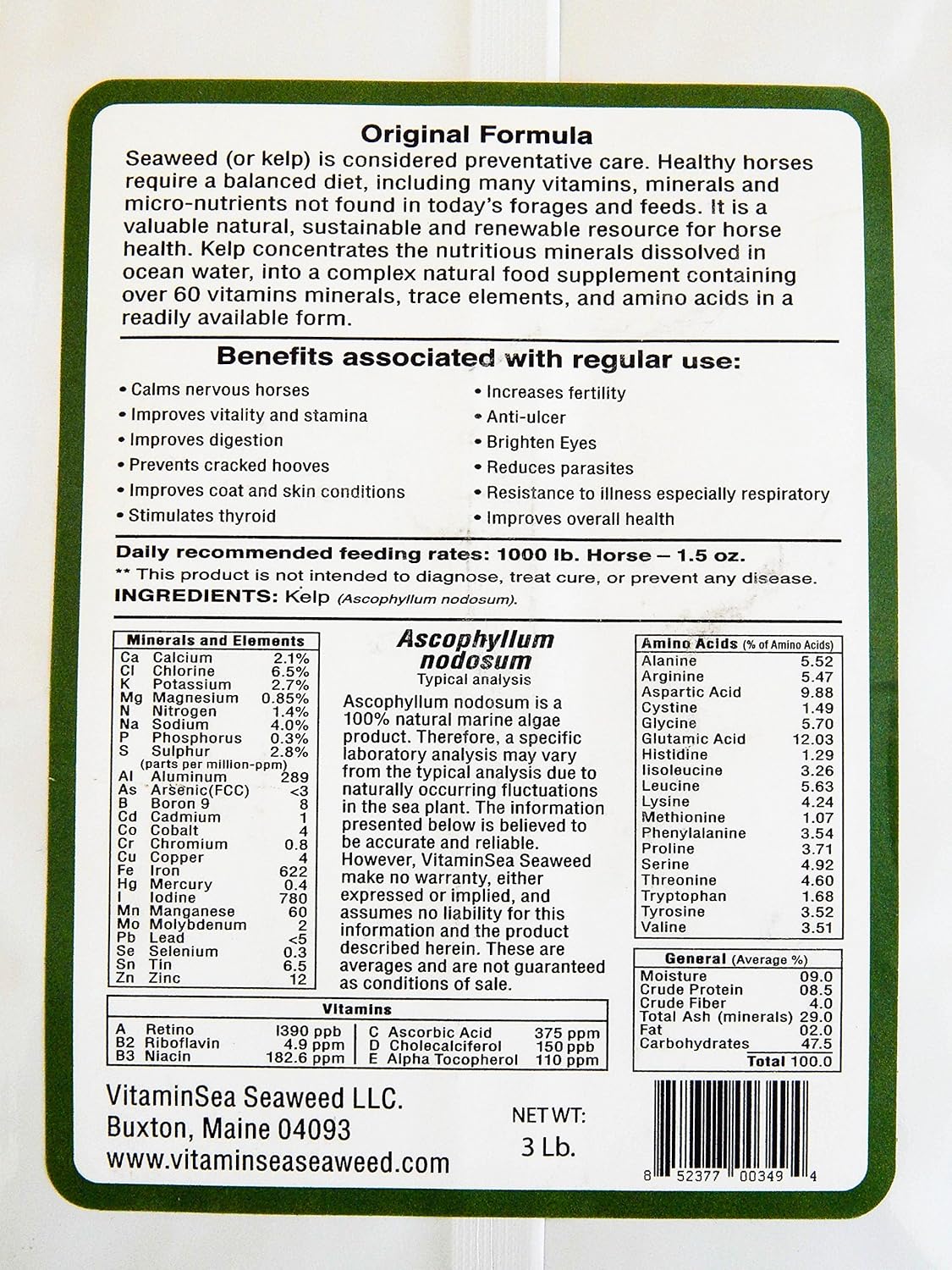 All Natural Dried Seaweed Supplement for Horses | Horse Kelp Flakes with Vitamins, Trace Minerals, Amino Acids | 3 LB Pack for Overall Health and Well-being