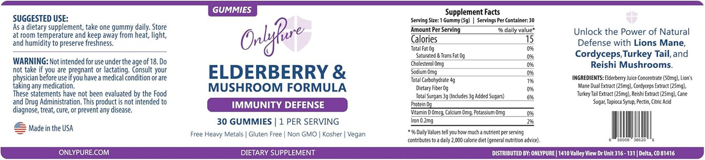 All Natural Elderberry & Mushroom Immunity Gummies with Lion's Mane, Cordyceps, Turkey Tail & Reishi - Vegan & Non-GMO - Made in USA - 30 Count