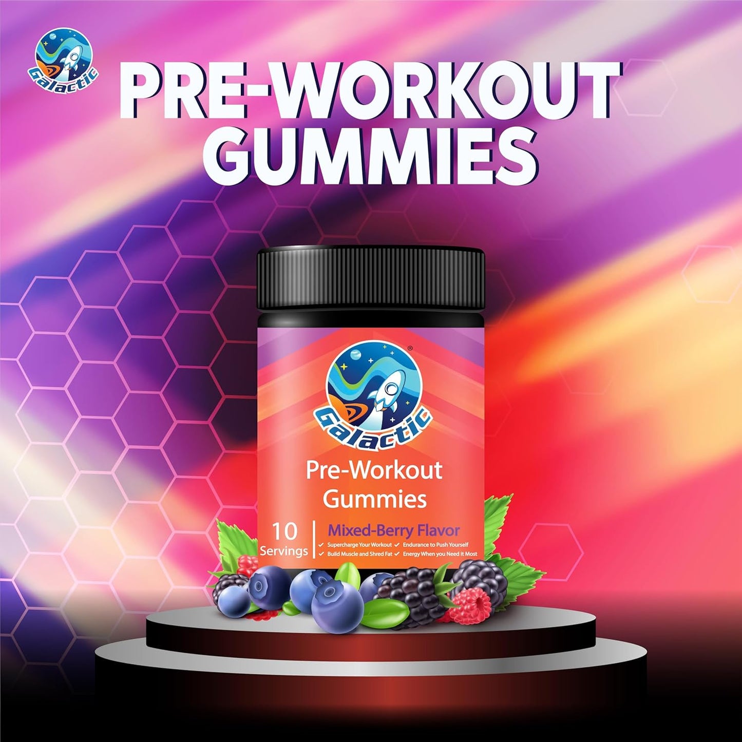 All Natural Galactic Pre-Workout Gummies with 250mg Caffeine and Essential Ingredients - 10 Servings