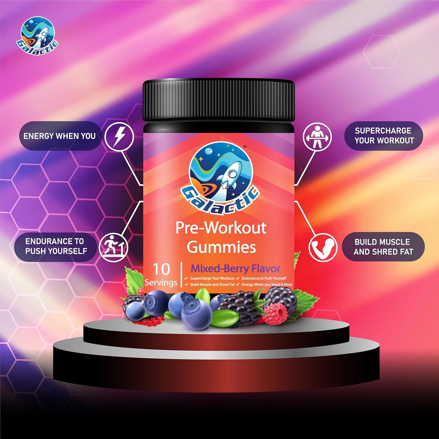 All Natural Galactic Pre-Workout Gummies with 250mg Caffeine and Essential Ingredients - 10 Servings