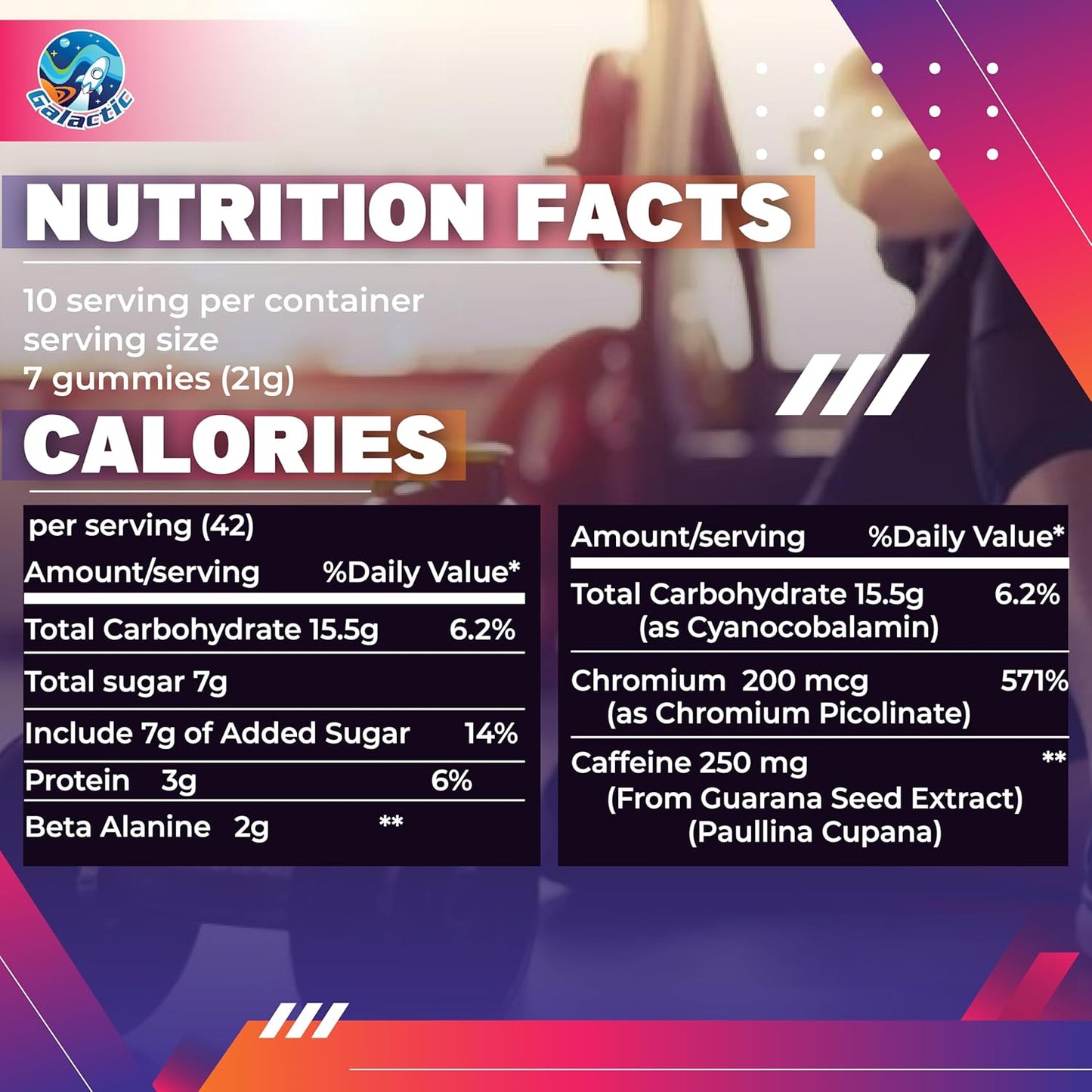 All Natural Galactic Pre-Workout Gummies with 250mg Caffeine and Essential Ingredients - 10 Servings