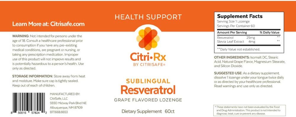 All-Natural Grape Flavored CitriSafe CitriRx Resveratrol Sublingual Lozenge - 60 Count for Overall Health Support