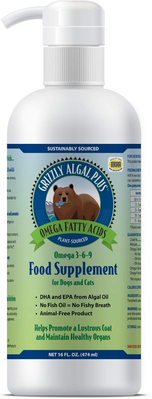 All-Natural Grizzly Algal Plus Omega Fatty Acids Supplement for Dogs & Cats - Vegan, Made in USA, 16 Fl Oz