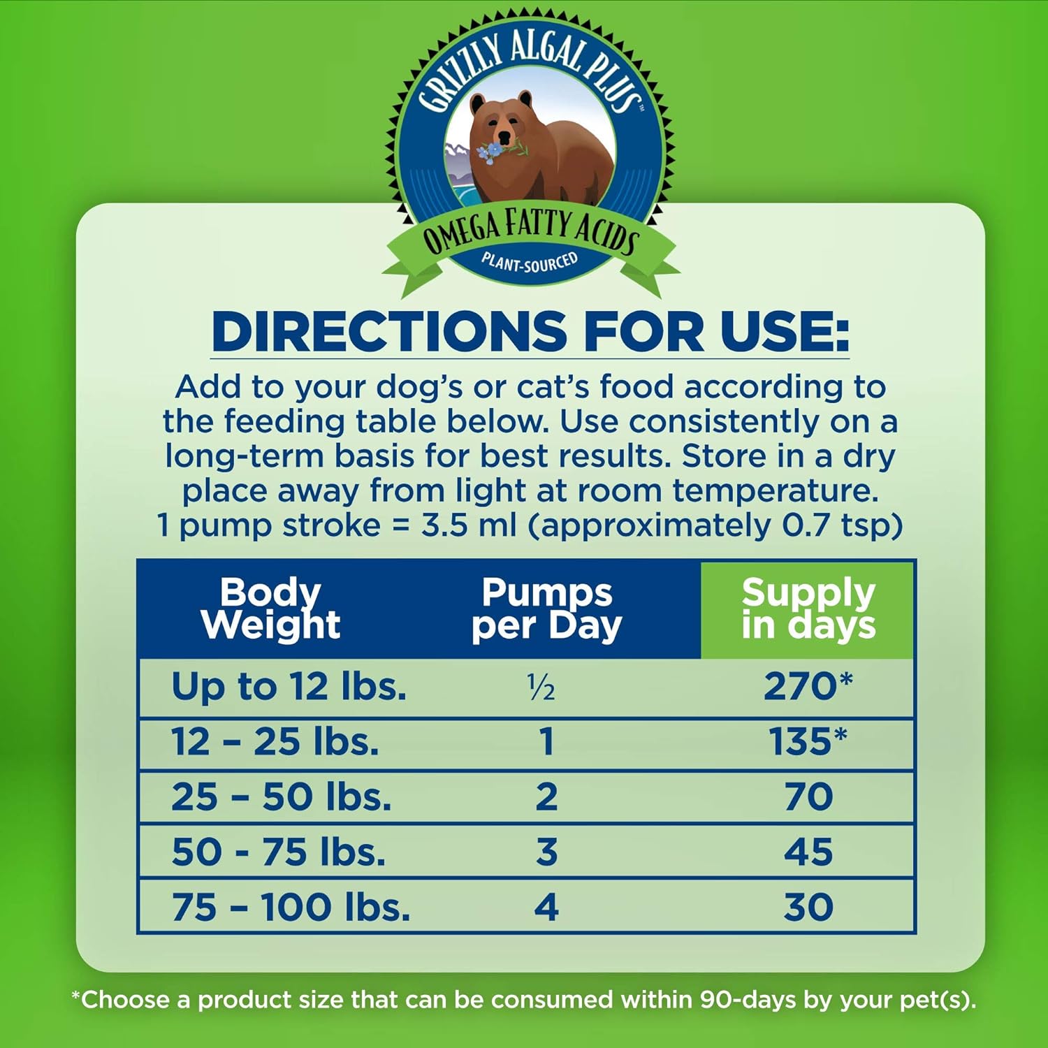 All-Natural Grizzly Algal Plus Omega Fatty Acids Supplement for Dogs & Cats - Vegan, Made in USA, 16 Fl Oz