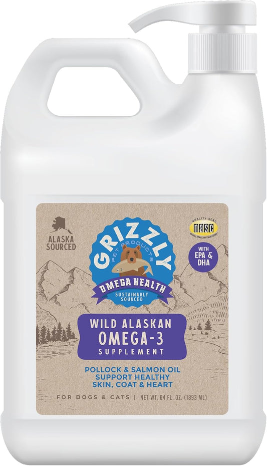 All Natural Grizzly Pet Products Omega Health Food & Supplements for Dogs & Cats - Wild Salmon Oil/Pollock Oil Omega-3 Blend