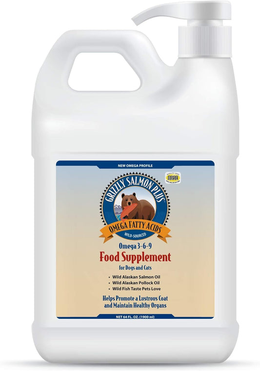 All-Natural Grizzly Salmon Plus Omega Fatty Acids Food Supplement for Dogs & Cats - Wild Alaskan Salmon Oil - Various Sizes