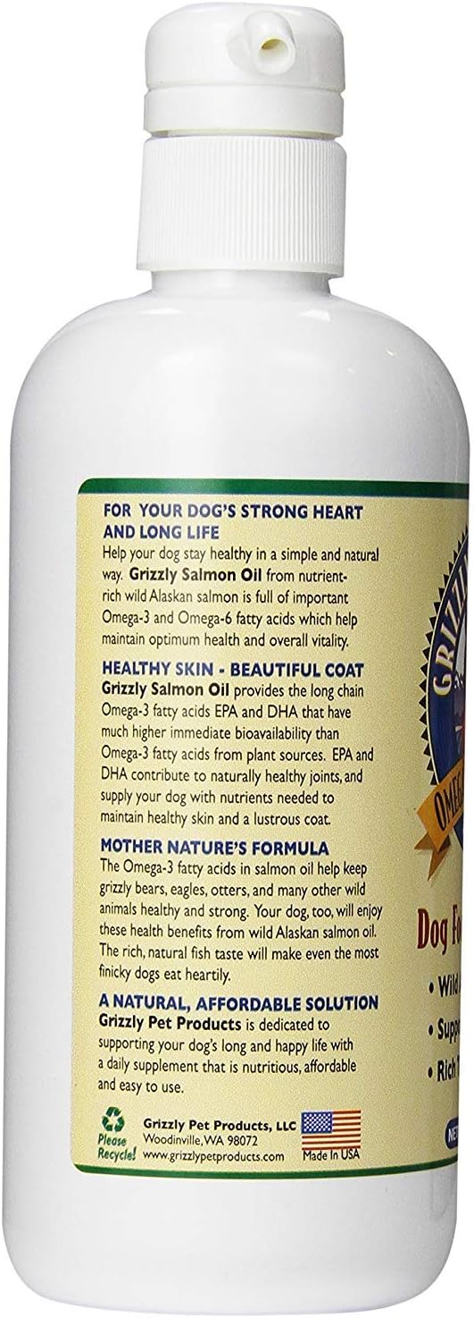 All-Natural Grizzly Wild Alaskan Salmon Oil Dog Food Supplement - 16 oz Omega 3 Fatty Acids