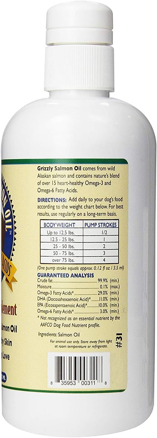 All-Natural Grizzly Wild Alaskan Salmon Oil Dog Food Supplement - 16 oz Omega 3 Fatty Acids
