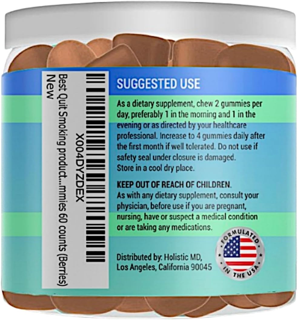 All-Natural Holistic MD Quit Smoking Gummies with Vernonia Cinerea, St. John's Wort, Ashwagandha | 60 Count Berries Flavor | Clinically Studied | Sugar-Free