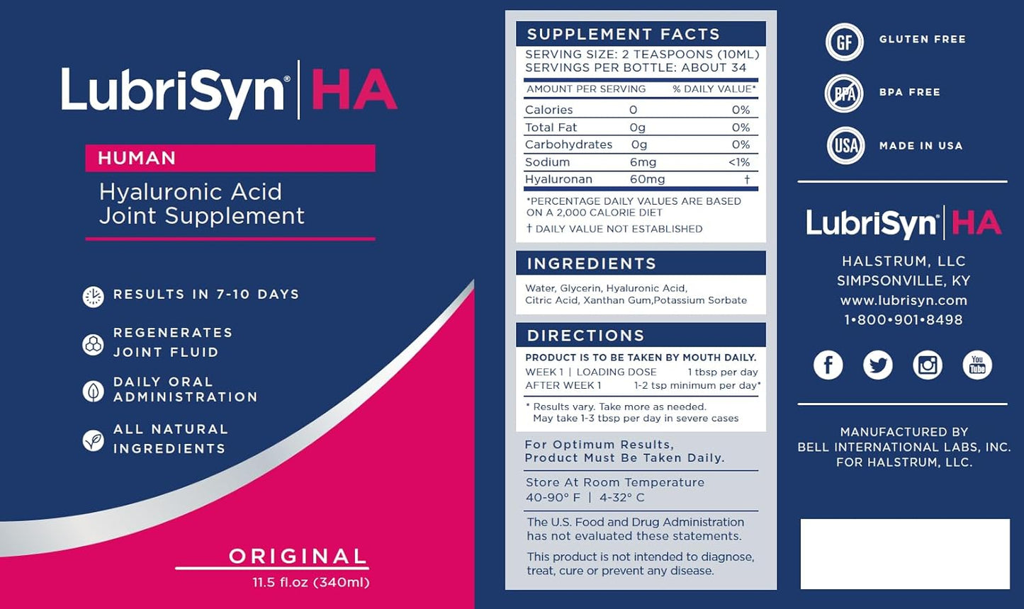 All-Natural LubriSynHA Joint Supplement 3-Pack 11.5oz - High-Molecular Weight Hyaluronic Acid - Joint Support for Women & Men - Promotes Healthy Joint Function - Vegan, Made in USA