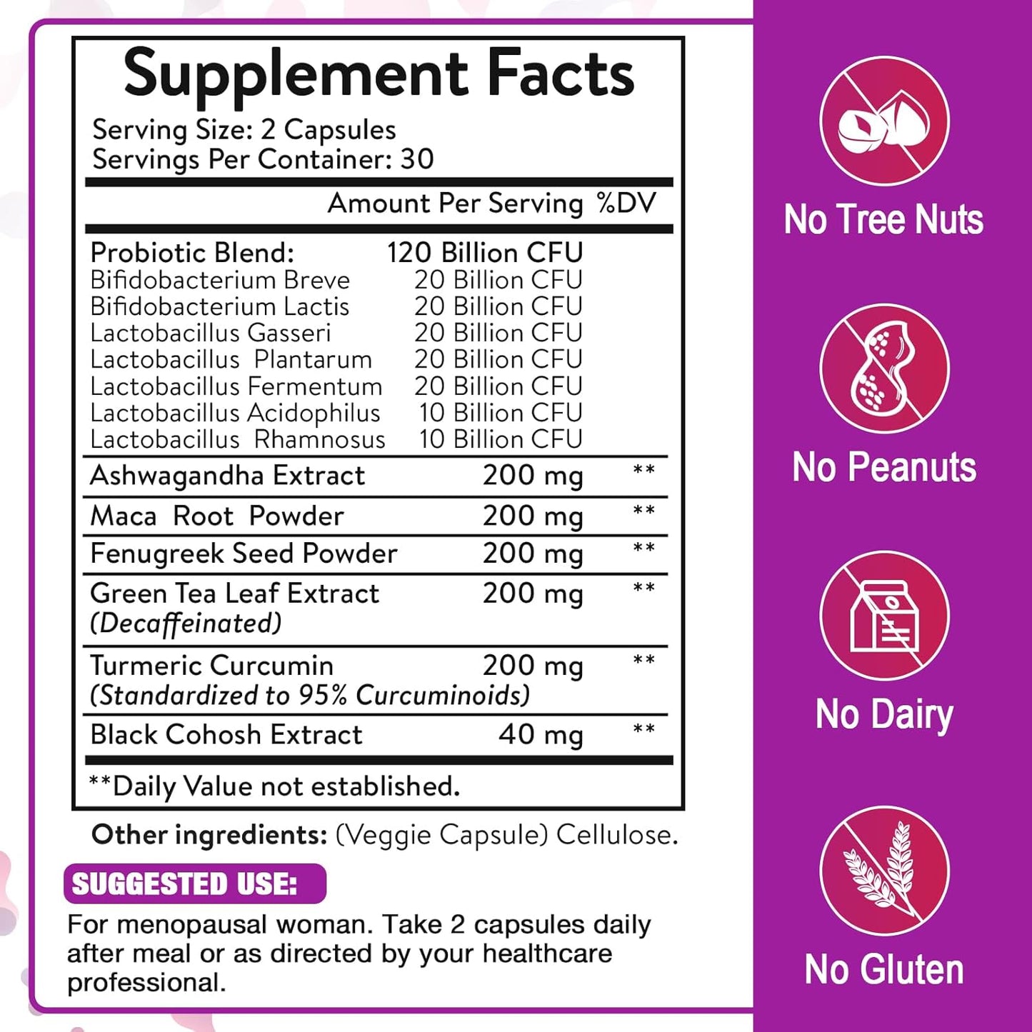 All-Natural Menopause Probiotic Supplements - 120 Billion CFU for Hot Flashes, Night Sweats, Mood Swings - 60 Capsules