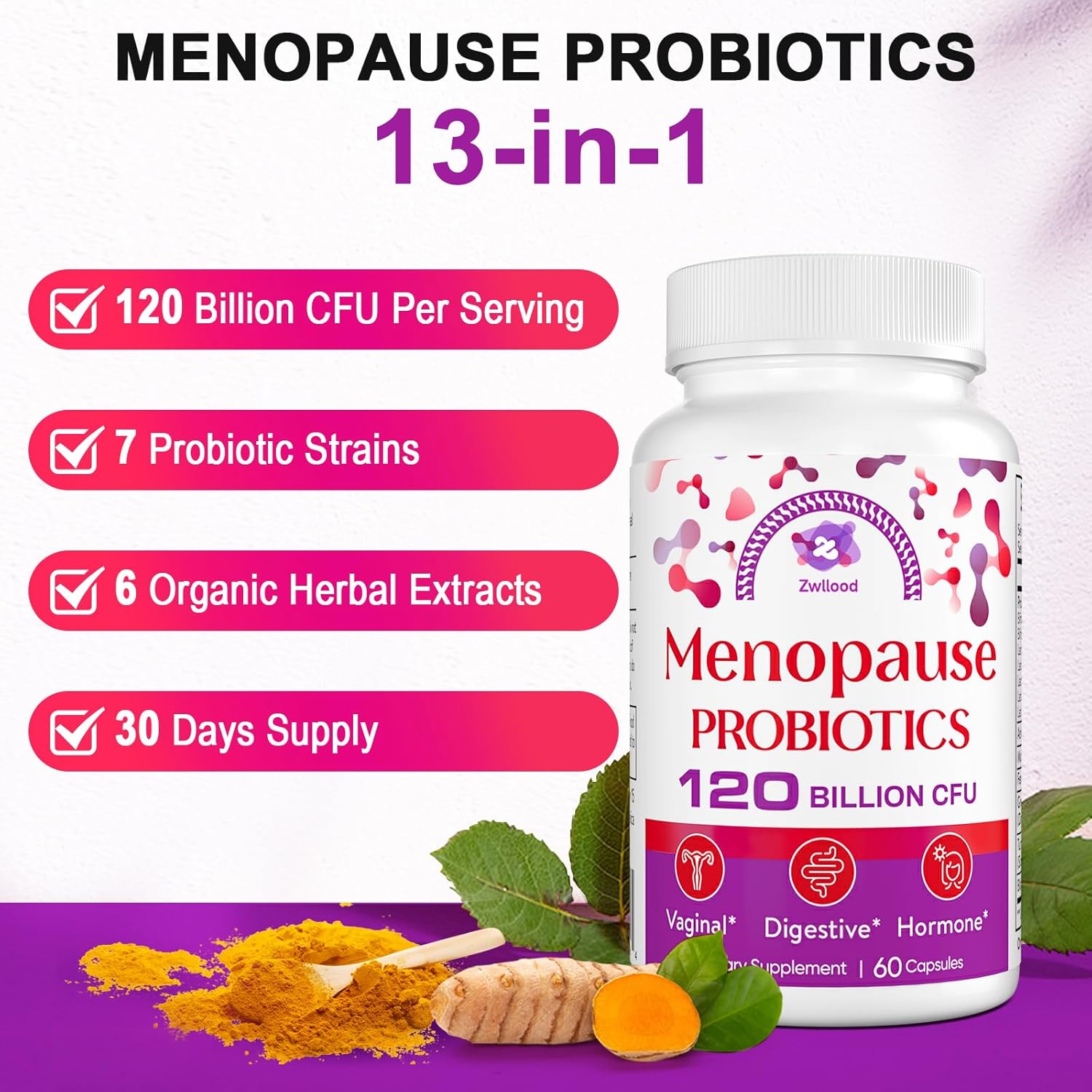All-Natural Menopause Probiotic Supplements - 120 Billion CFU for Hot Flashes, Night Sweats, Mood Swings - 60 Capsules