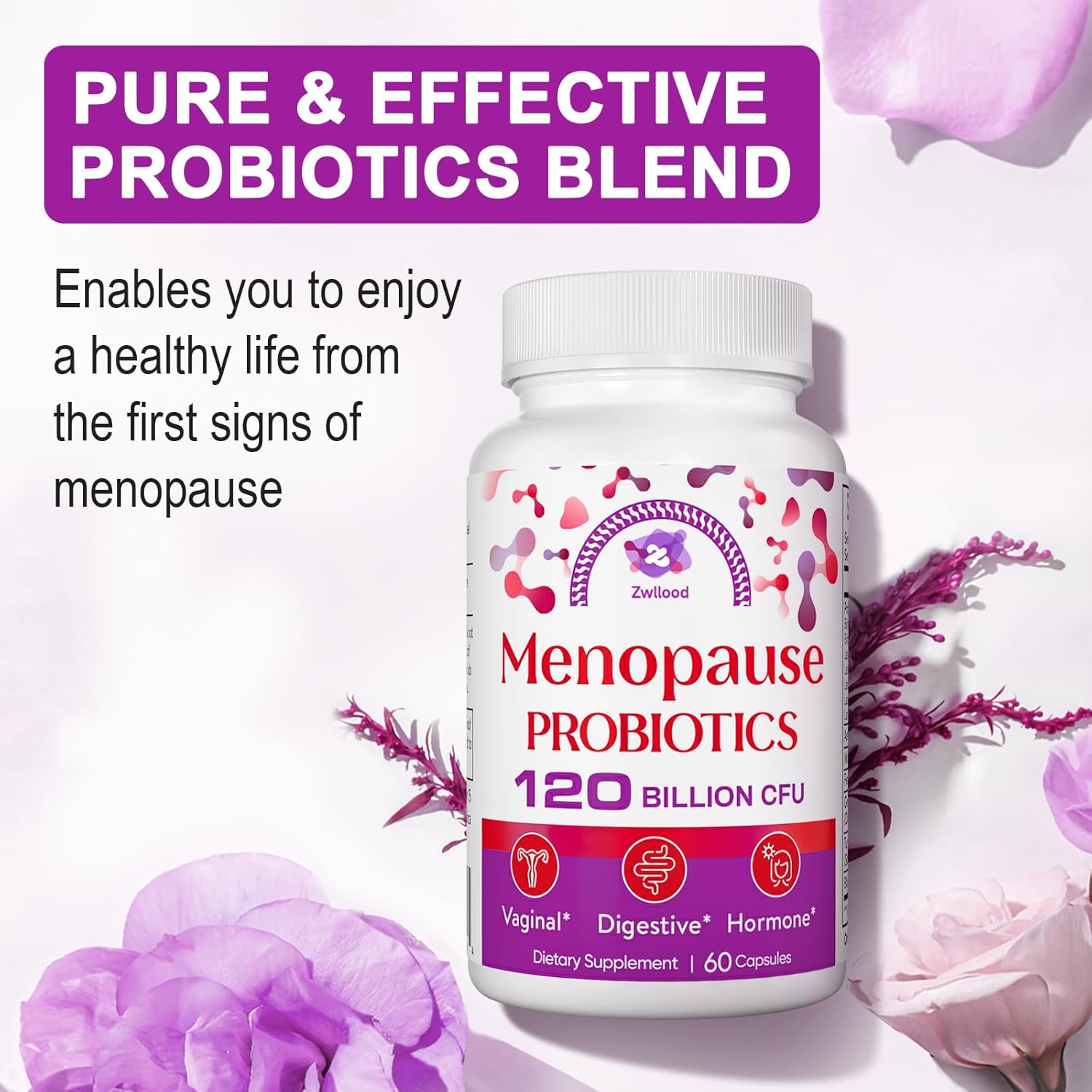 All-Natural Menopause Probiotic Supplements - 120 Billion CFU for Hot Flashes, Night Sweats, Mood Swings - 60 Capsules