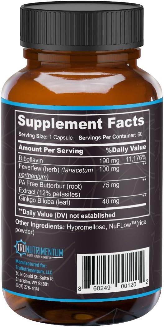 All Natural Migraine Relief Supplements with Riboflavin & Feverfew - 60 Capsules