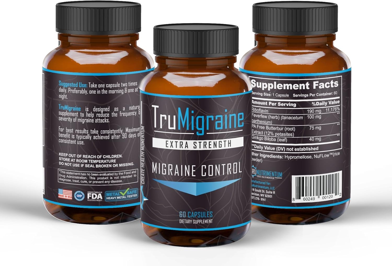 All Natural Migraine Relief Supplements with Riboflavin & Feverfew - 60 Capsules